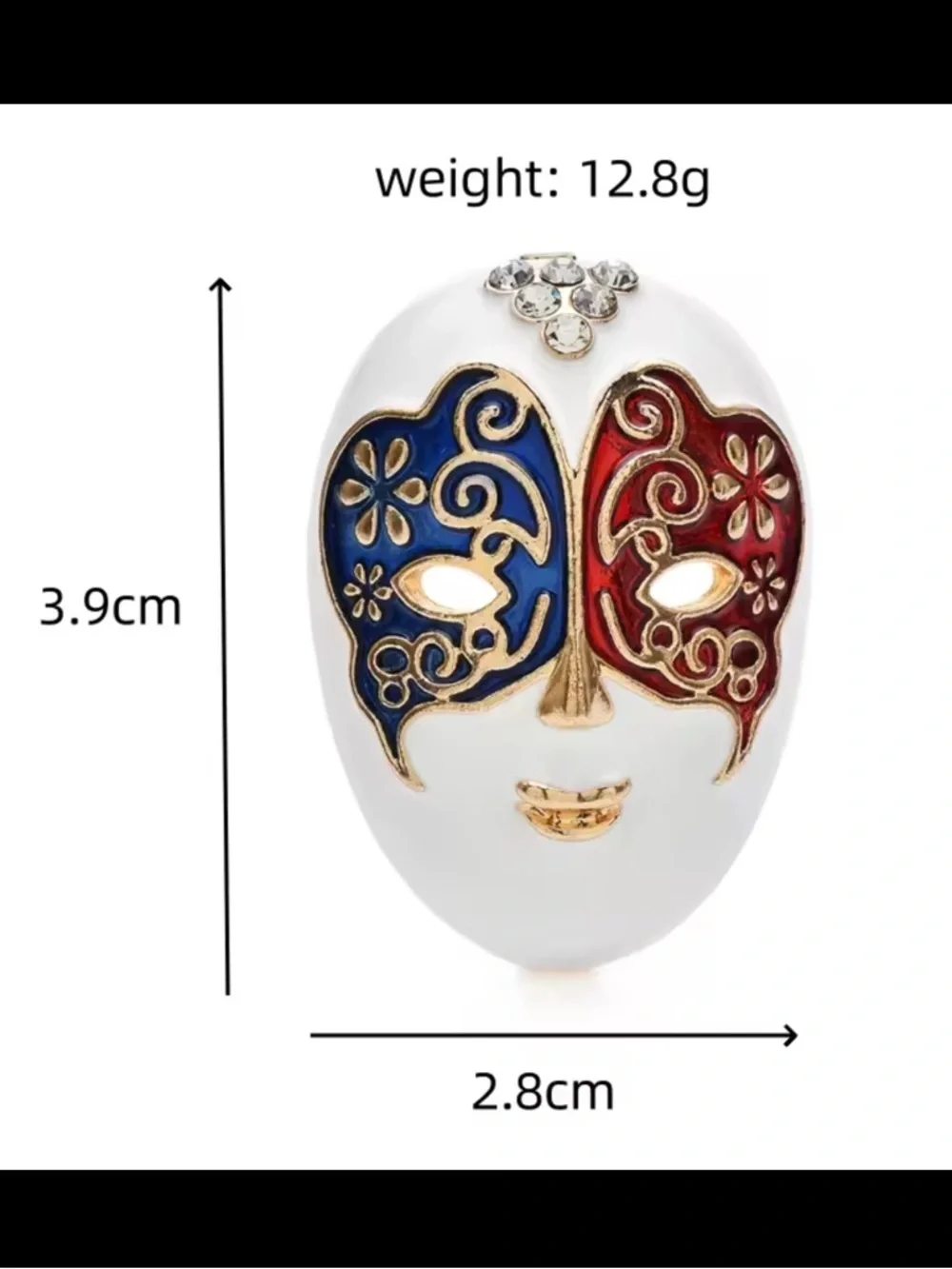 Luxury Venetian Mask Brooch – Red & Blue Enamel Statement Pin